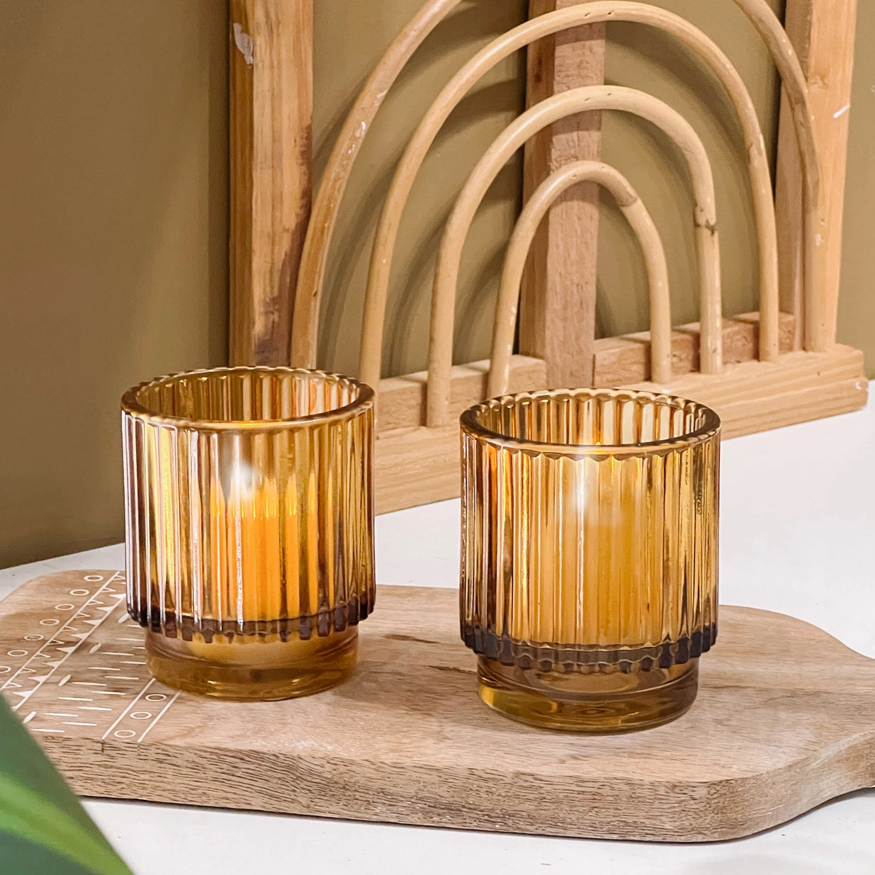 Ribbed Amber Glass Candle Holder - Set of 2