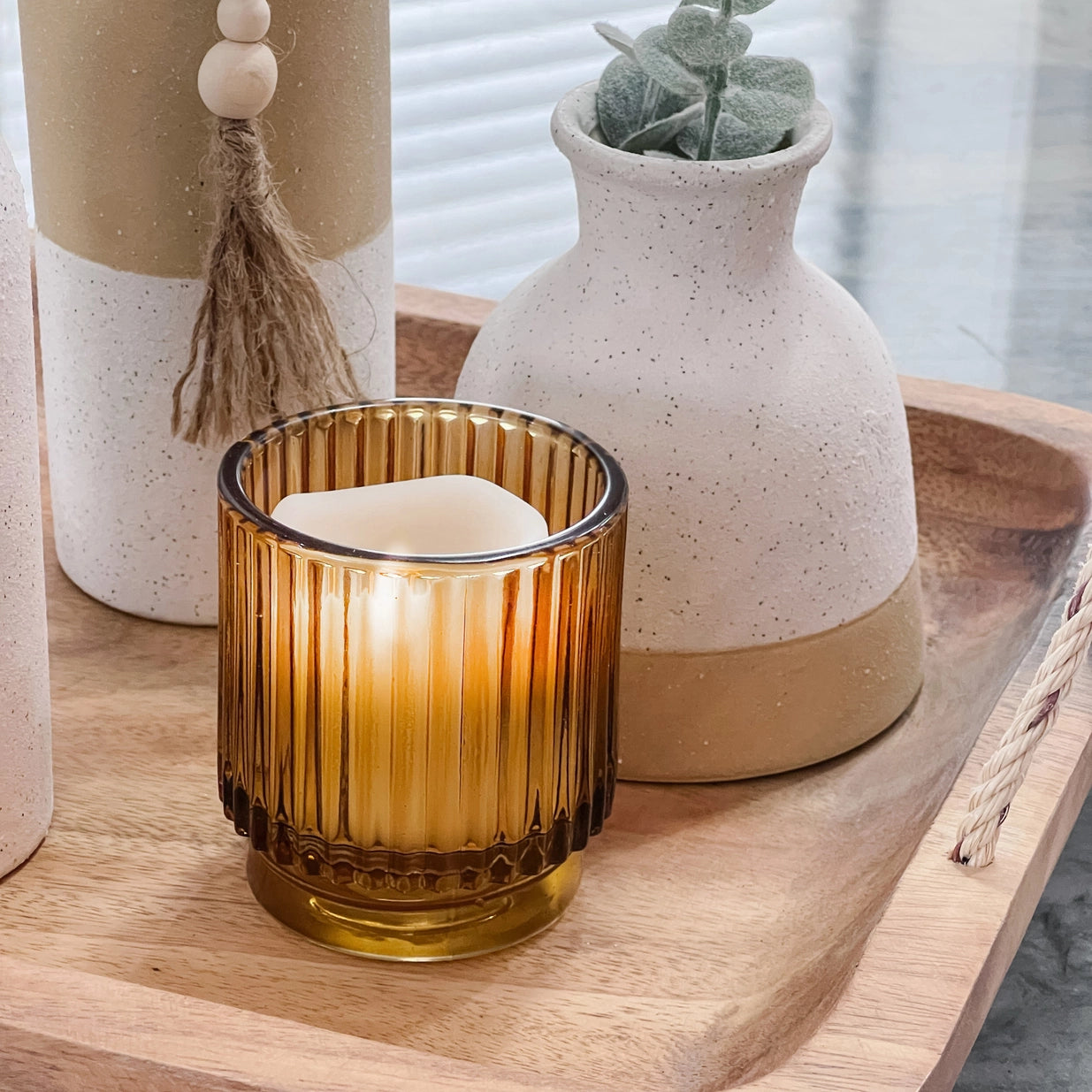 Ribbed Amber Glass Candle Holder - Set of 2